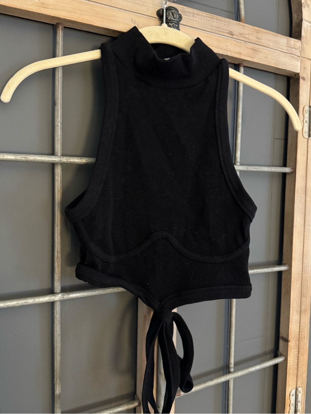 AKIRA Black Ribbed Mock-Neck Crop Top with tie front